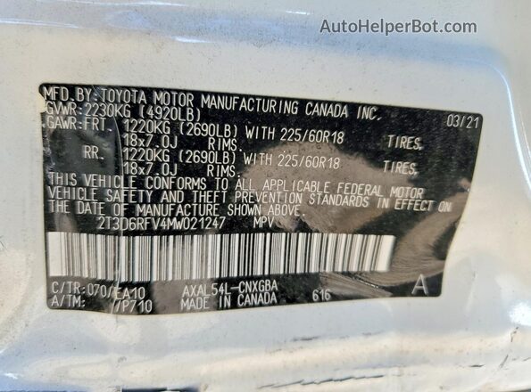 2T3D6RFV4MW021247 2021 TOYOTA LIMITED White ძრავის განყოფილების ხედი