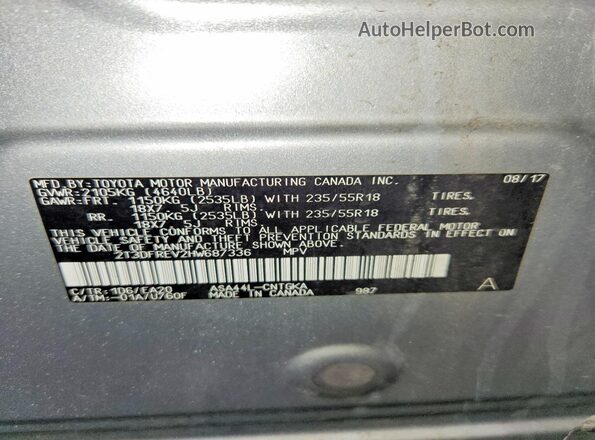 2T3DFREV2HW687336 2017 TOYOTA LIMITED Silver Вид наклейки з VIN-кодом