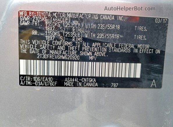 2T3DFREV6HW620920 2017 TOYOTA LIMITED Silver Widok naklejki z numerem VIN