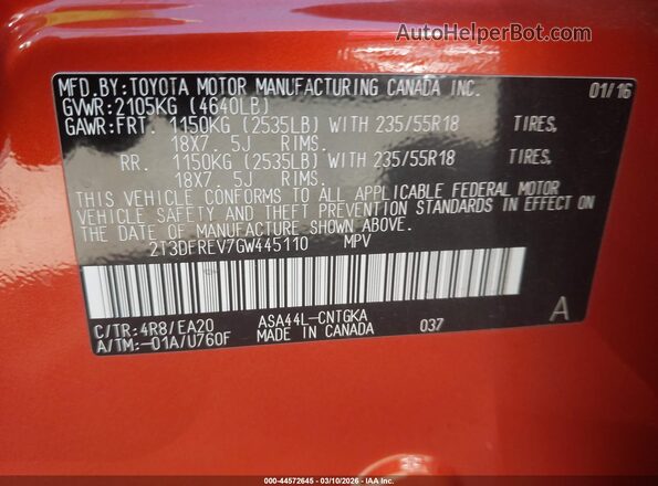 2T3DFREV7GW445110 2016 TOYOTA LIMITED Оранжевый Вид подкапотного пространства