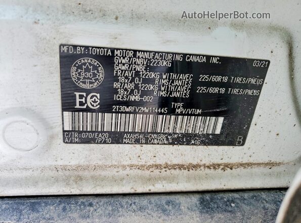2T3DWRFV2MW114445 2021 TOYOTA LIMITED White VIN კოდის სტიკერის ხედი