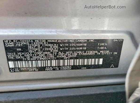 2T3E6RFV3MW024127 2021 TOYOTA RAV4 Silver Вид наклейки з VIN-кодом