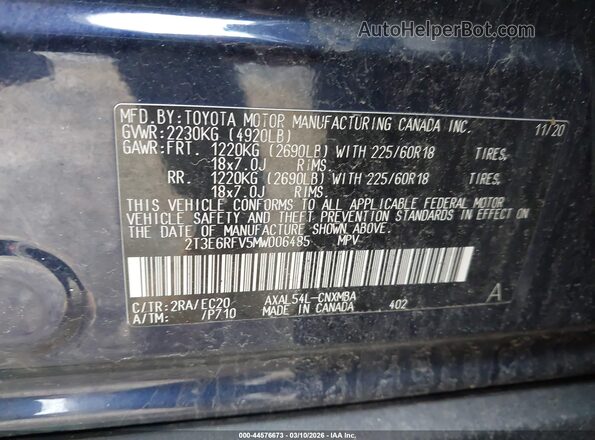 2T3E6RFV5MW006485 2021 TOYOTA RAV4 HYBRID Blue Вид підкапотного простору