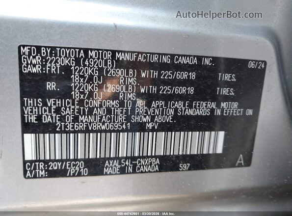 2T3E6RFV8RW069541 2024 TOYOTA RAV4 HYBRID Silver Շարժիչի բաժամունքի տեսք