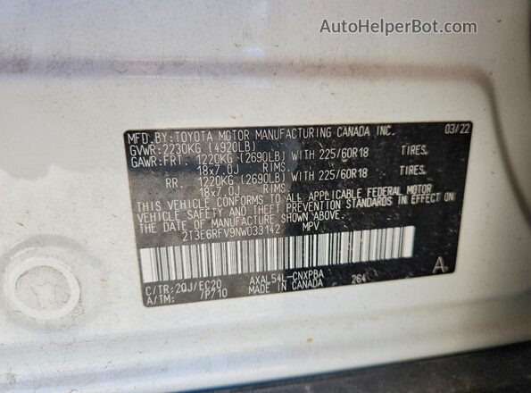 2T3E6RFV9NW033142 2022 TOYOTA RAV4 White VIN კოდის სტიკერის ხედი