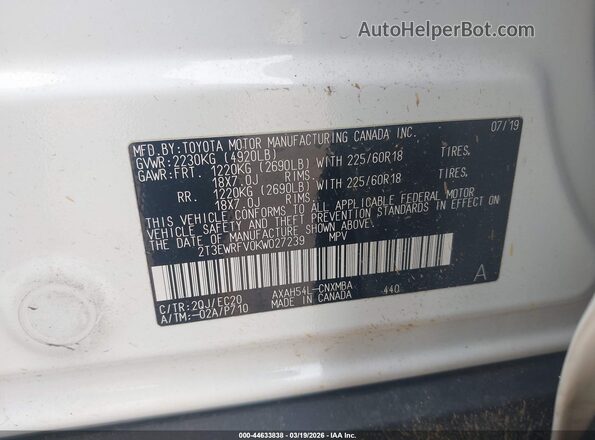 2T3EWRFV0KW027239 2019 TOYOTA RAV4 HYBRID White Widok komory silnika