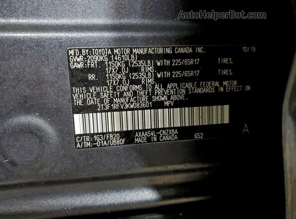 2T3F1RFV3KW083601 2019 TOYOTA LE Gray 