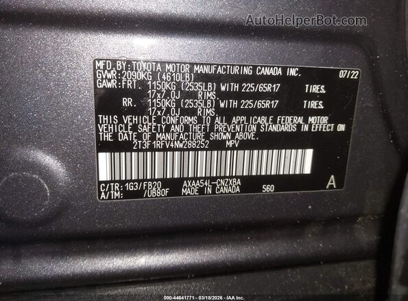 2T3F1RFV4NW288252 2022 TOYOTA LE Gray Շարժիչի բաժամունքի տեսք