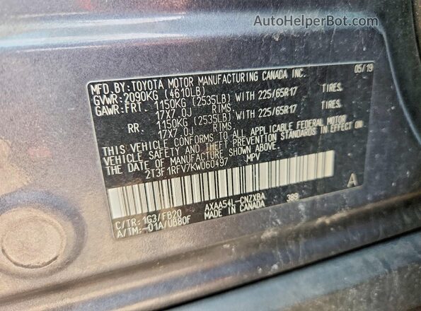 2T3F1RFV7KW060497 2019 TOYOTA LE Gray 