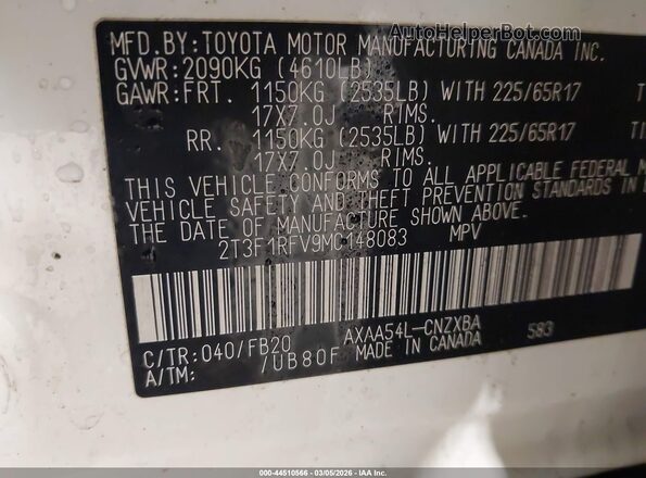 2T3F1RFV9MC148083 2021 TOYOTA LE White Vista del compartimento del motor