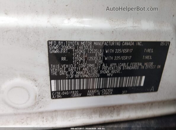 2T3F1RFVXMW203526 2021 TOYOTA LE White Вид підкапотного простору