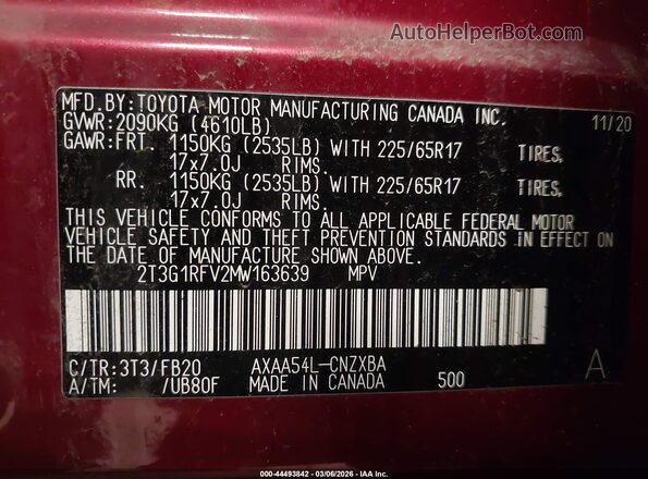 2T3G1RFV2MW163639 2021 TOYOTA LE Красный Вид подкапотного пространства