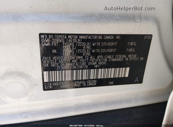 2T3G1RFV3NC298728 2022 TOYOTA LE White 
