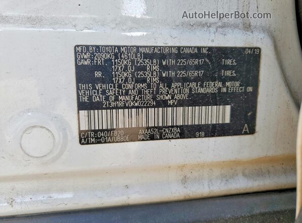 2T3H1RFV0KW022294 2019 TOYOTA LE Белый 
