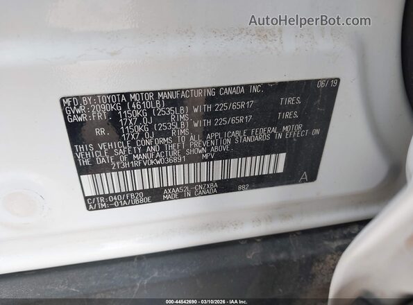 2T3H1RFV0KW036891 2019 TOYOTA LE White Вид підкапотного простору