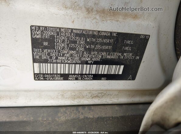 2T3H1RFV3KW038764 2019 TOYOTA LE White 