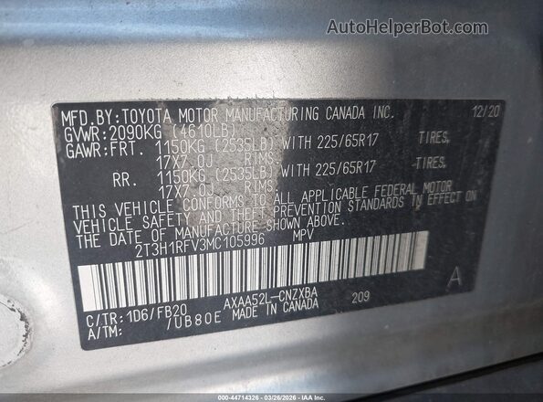 2T3H1RFV3MC105996 2021 TOYOTA LE Silver 