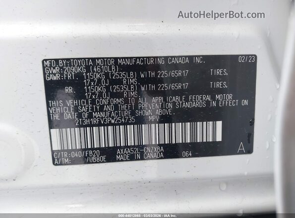 2T3H1RFV3PW254735 2023 TOYOTA LE White 