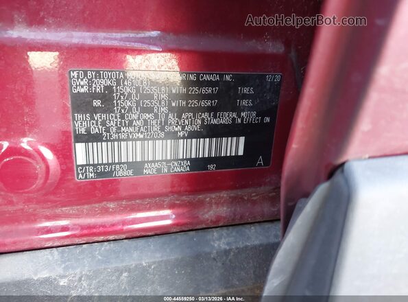 2T3H1RFVXMW127038 2021 TOYOTA LE Burgundy Vista del compartimento del motor