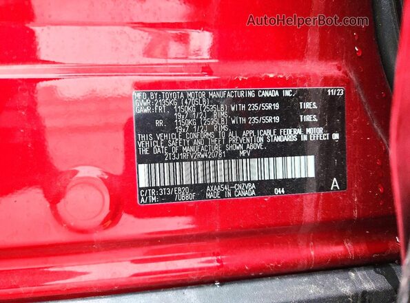 2T3J1RFV2RW420781 2024 TOYOTA RAV4 Red VIN sticker view