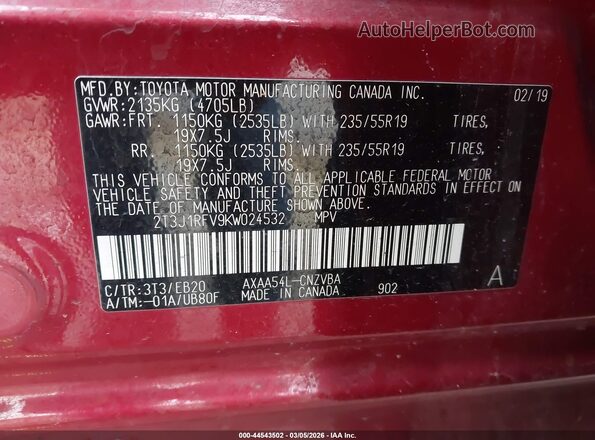 2T3J1RFV9KW024532 2019 TOYOTA RAV4 Red Widok komory silnika