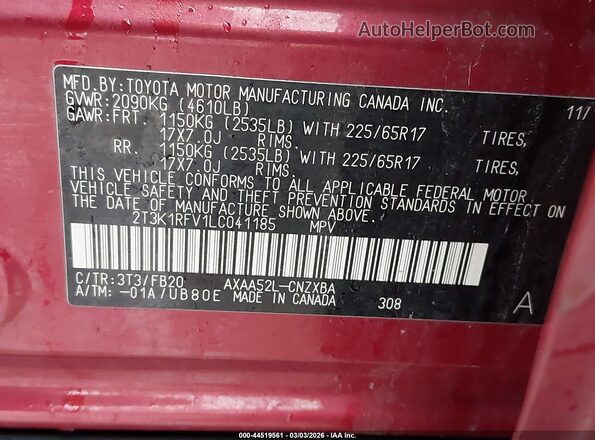2T3K1RFV1LC041185 2020 TOYOTA LE Red Vista del compartimento del motor