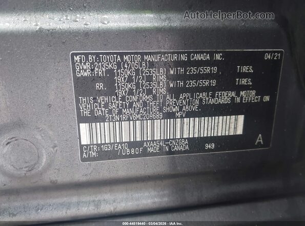 2T3N1RFV6MC209689 2021 TOYOTA LIMITED Gray Շարժիչի բաժամունքի տեսք