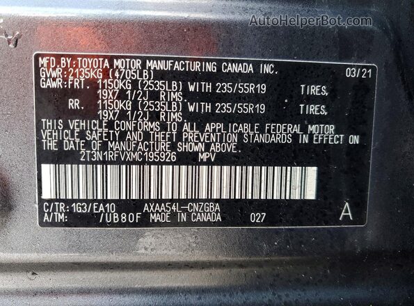 2T3N1RFVXMC195926 2021 TOYOTA LIMITED Gray VIN կոդի պիտակի տեսք