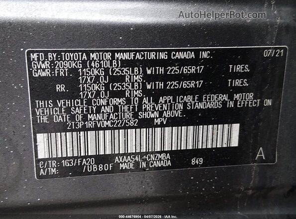 2T3P1RFV0MC227582 2021 TOYOTA LE Gray Widok komory silnika