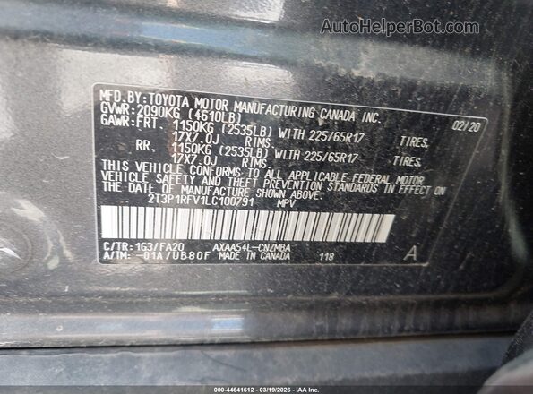 2T3P1RFV1LC100791 2020 TOYOTA LE Gray 