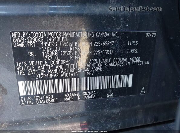 2T3P1RFV3LW104615 2020 TOYOTA LE Серый Вид подкапотного пространства