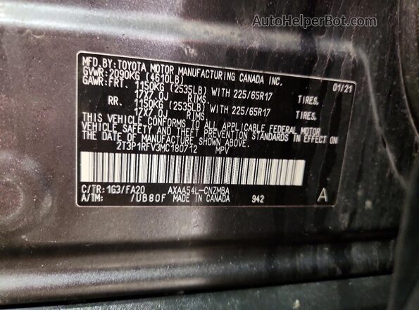 2T3P1RFV3MC180712 2021 TOYOTA LE Gray Սալոնի 360 աստիճան տեսք