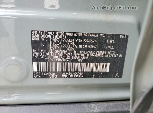 2T3P1RFV4MW180457 2021 TOYOTA RAV4 Gray VIN կոդի պիտակի տեսք