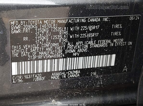 2T3P1RFV5RW469824 2024 TOYOTA LE Gray Вид підкапотного простору