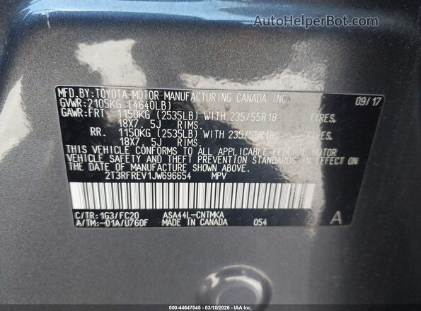 2T3RFREV1JW696654 2018 TOYOTA RAV4 Gray Vista del compartimento del motor