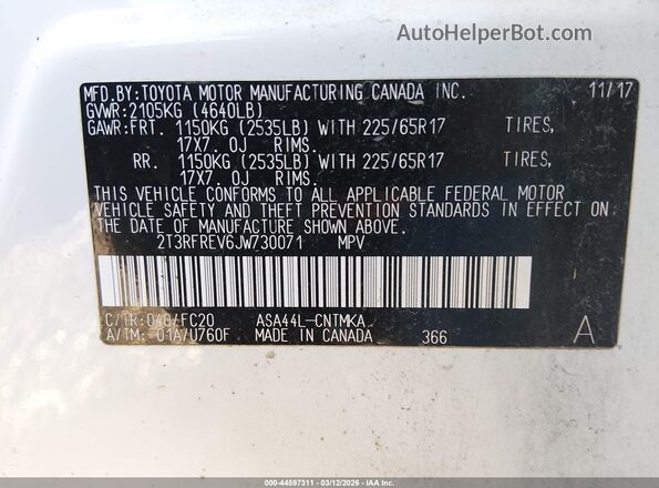 2T3RFREV6JW730071 2018 TOYOTA LE White Вид підкапотного простору