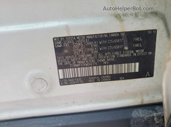 2T3RWRFV7KW046176 2019 TOYOTA RAV4 White VIN sticker view