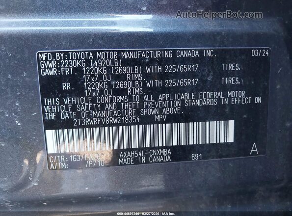 2T3RWRFV8RW218354 2024 TOYOTA LE Gray ძრავის განყოფილების ხედი