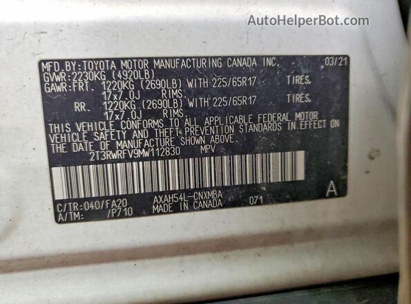 2T3RWRFV9MW112830 2021 TOYOTA LE White VIN კოდის სტიკერის ხედი