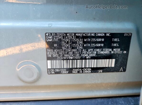 2T3S1RFV1MW176697 2021 TOYOTA RAV4 Gray VIN կոդի պիտակի տեսք
