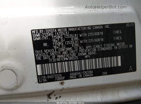 2T3S1RFV3MW180525 2021 TOYOTA RAV4 White Շարժիչի բաժամունքի տեսք