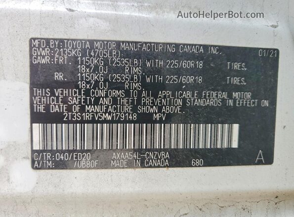 2T3S1RFV5MW179148 2021 TOYOTA RAV4 White VIN կոդի պիտակի տեսք