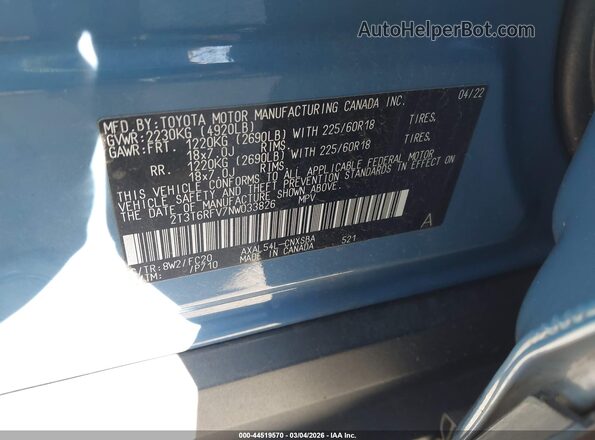 2T3T6RFV7NW033826 2022 TOYOTA RAV4 HYBRID Blue Vista del compartimento del motor