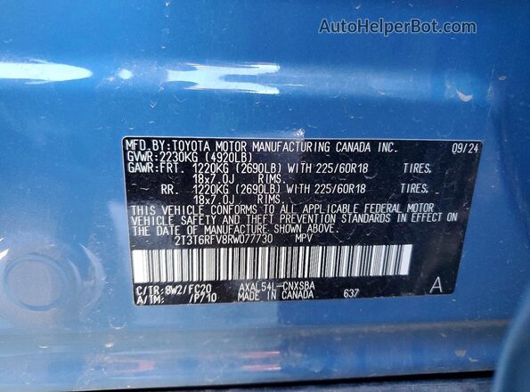 2T3T6RFV8RW077730 2024 TOYOTA RAV4 Blue VIN კოდის სტიკერის ხედი