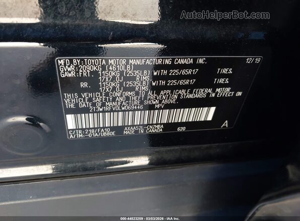 2T3W1RFV0LW069446 2020 TOYOTA LE Black 