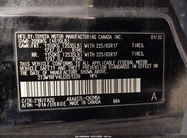 2T3W1RFV4LC051338 2020 TOYOTA LE Black Vista del compartimento del motor