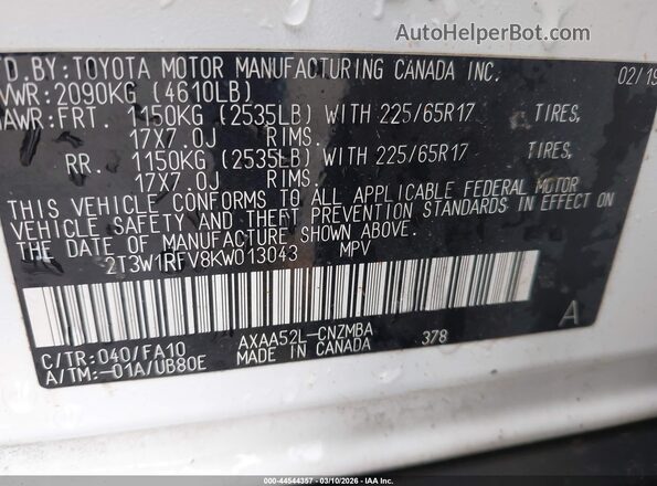 2T3W1RFV8KW013043 2019 TOYOTA LE White Widok komory silnika