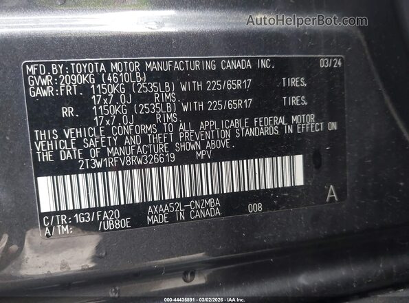 2T3W1RFV8RW326619 2024 TOYOTA LE Gray Widok komory silnika