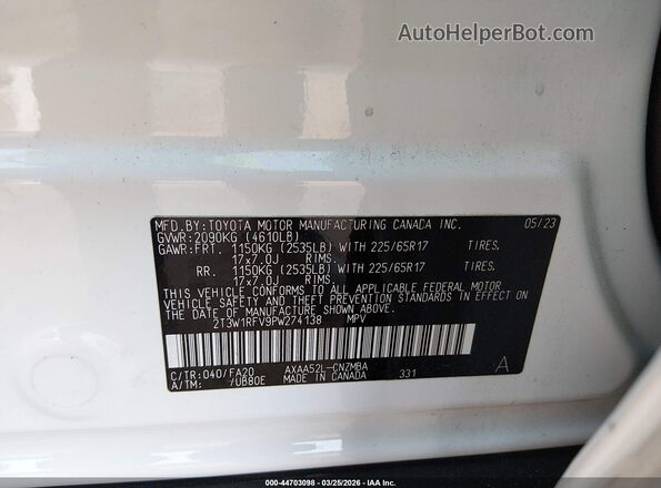 2T3W1RFV9PW274138 2023 TOYOTA LE White Vista del compartimento del motor