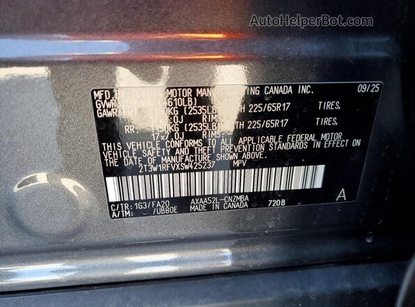 2T3W1RFVXSW425237 2025 TOYOTA LE Gray VIN კოდის სტიკერის ხედი